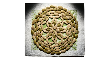 Artistic arrangement of pumpkin seeds in a mandala pattern on textured paper