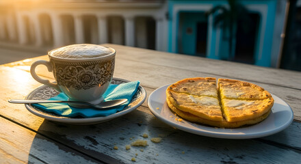 Breakfast scene with coffee and a delicious pancake on a wooden table at sunrise