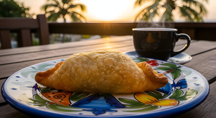 Breakfast scene with coffee and pastry on a colorful plate at sunset with palm trees