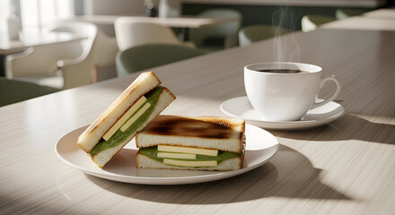 Breakfast Scene with Coffee and Toast Sandwich on the Table in a Cafe Restaurant