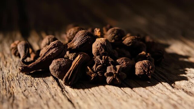 A detailed macro slow motion shot moving over a pile of whole aromatic cloves on a rustic surface. Perfect for seasonal, holiday, and spice market themes.