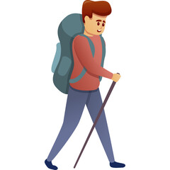 Cartoon hiker man with backpack and walking stick isolated on white background happy and healthy outdoor adventure illustration