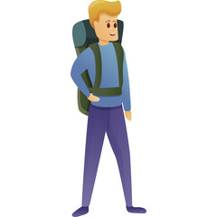 Cartoon Man Standing With Backpack Wearing Blue Long Sleeve Shirt And Purple Pants With Blond Hair And Red Eyes Smiling