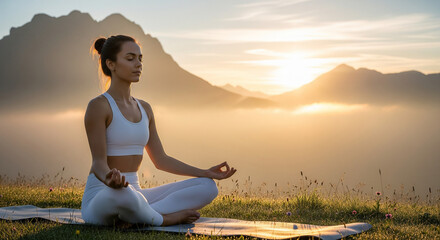 Peaceful Woman Practicing Yoga at Sunrise