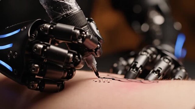 Tattoo artist with a bionic prosthetic arm creating a tattoo with precision. Skill, art, and technology concept.