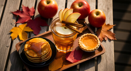 Autumnal Delight Still Life: Apples, Pancakes, Cider, and Seasonal Treats on a Rustic Wooden Table