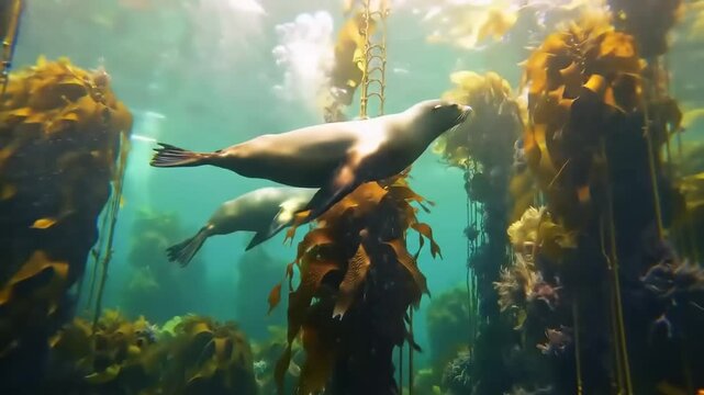 Underwater scene of seals swimming among kelp and sunlight