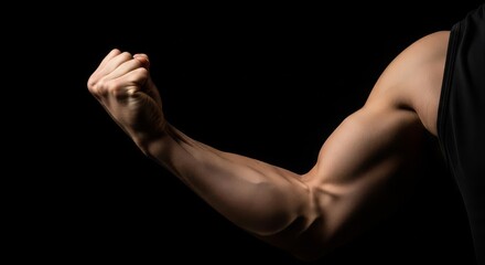 A strong, muscular arm flexing a bicep against a dark background, showing physical power and fitness.