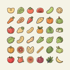Colorful collection of fresh fruit and vegetable vector icons set.