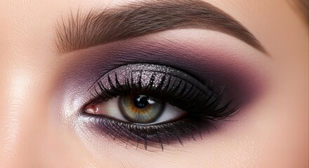 Obraz premium Close-up of a beautifully made-up eye with dark purple eyeshadow and long, thick eyelashes.