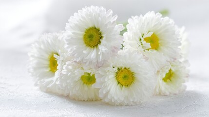 Obraz premium daisy. A fresh daisy bouquet basks in sunlight, with delicate blooms against a soft focus background. gardening catalogs, home-decor guides, designed for gardening and botanical catalogs. 