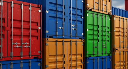 Fototapeta premium Colorful Stacked Shipping Containers at Cargo Terminal, Realistic Industrial Background Representing Global Trade, Export and Import Logistics, Transportation, Freight Shipping, Industry Concept