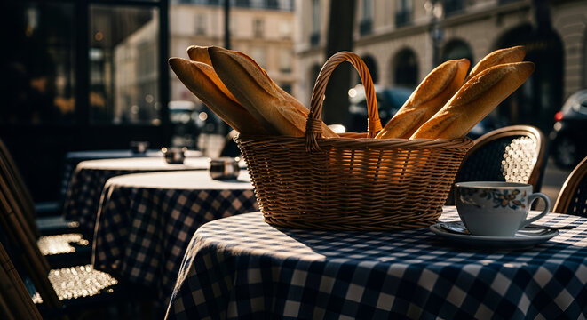 Basket Of Baguettes And Coffee Cup On Checkered Table Outside Restaurant