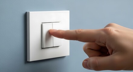 Human Hand Pressing a Modern White Light Switch, save energy during daytime, hand turning off or on light switch, glowing light switch, turning on power, White Light Switch on a Wall.