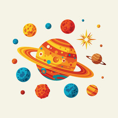 Colorful Stylized Planets and Star in Whimsical Space Illustration.