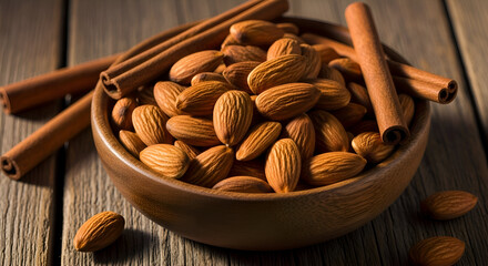 Close Shot of Almonds and Cinnamon Sticks in a Wooden Bowl on a Wooden Table