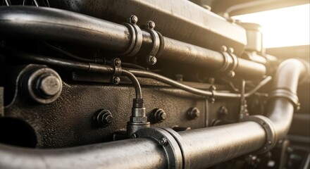 Vintage industrial steam engine power plant with old steel pipe and metal valve