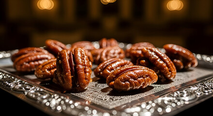 Close Shot Of Pecan Nuts Arranged On A Decorative Silver Tray For Serving