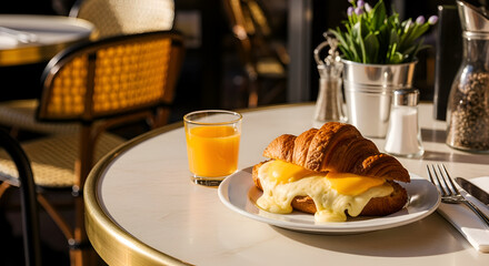 Breakfast croissant with eggs and orange juice on a table in a cafe, delicious food