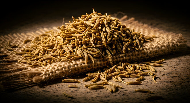 Close-up image of cumin seeds on a rustic burlap sack with dramatic lighting - Powered by Adobe