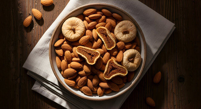 Close-up of a bowl of almonds and figs on a rustic wooden table, with sunlight