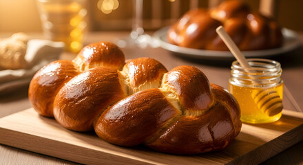 Close-up of a challah bread with honey on wooden board, festive food backdrop