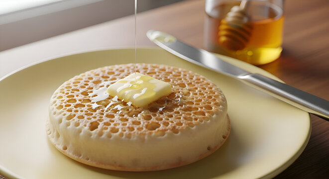 Close-up of a crumpet with butter and honey being poured on a yellow plate