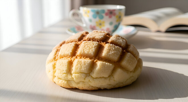Breakfast Delight: Melona Pan, Tea, and Book Create a Gentle Morning Scene