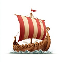 Viking Longship Sailing on the Sea with Red and White Stripes.