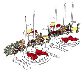 Mesa navideña festiva. Mesa preparada para una fiesta, decoración navideña, arreglo de mesa navideño.