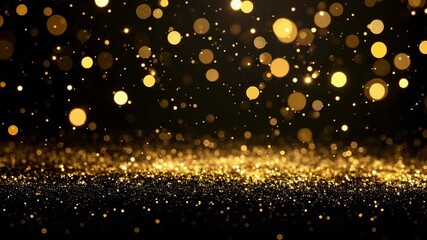 Abstract gold glitter sparkles on black background, creating a luxurious festive and celebratory atmosphere with bokeh and shine effects. - Powered by Adobe