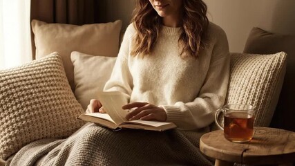 Cozy Indoor Scene of Woman Reading a Book While Sipping Tea Surrounded by Beige Pillows With Soft Lighting and Neutral Tones for Relaxation and Comfort 190 Characters
