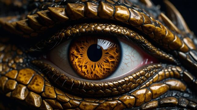 Close-up of a fantasy creature's eye, reptile scales in shades of brown and gold, showing incredible texture.