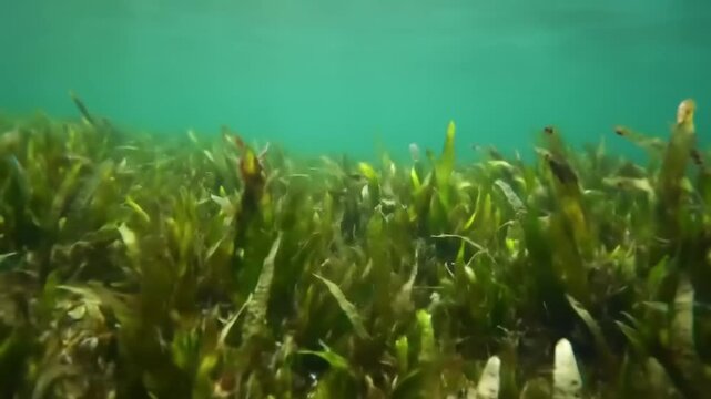 Underwater scene with aquatic plants and sunlight in clear water