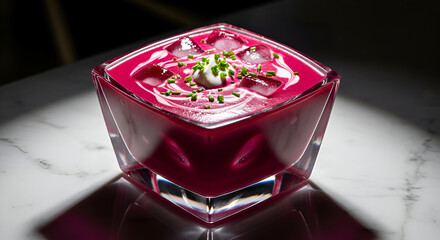 A close up of a bowl of beet soup with ice and garnish on a white table