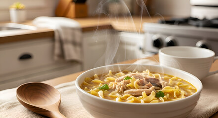 A close up of a bowl of chicken noodle soup in the kitchen ready to enjoy