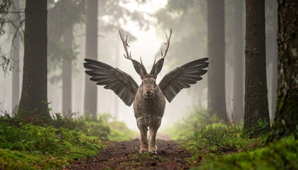 Mystical winged deer stands in a foggy forest, conjuring a sense of fantasy and wonder