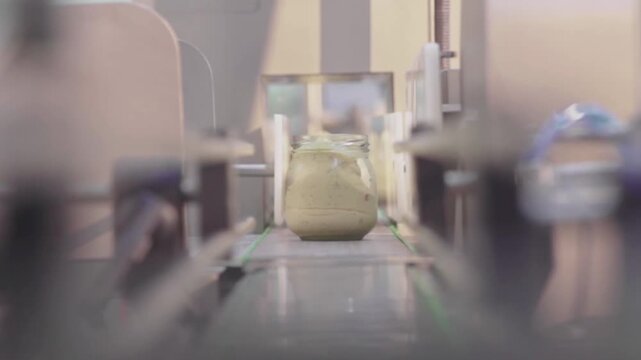 Food packaging inside factory. Sauce dip manufacturing.