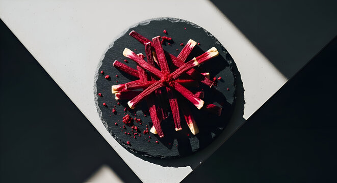 Artistic presentation of sliced rhubarb on a black plate with great lighting