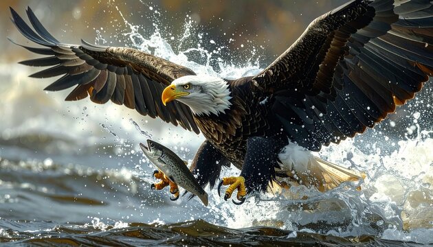 Bald eagle in flight catches a fish from the water with splashing effect - Powered by Adobe