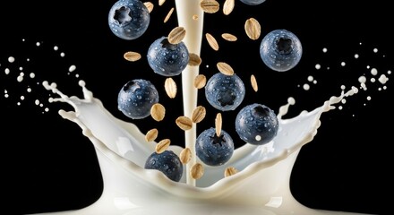 Dynamic shot Fresh blueberries and golden oats burst into a creamy white milk splash on a black background