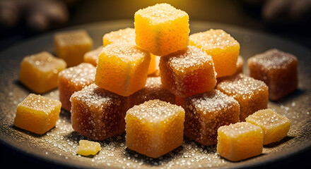 Close-up of a plate with a stack of sugared fruit jellies, delicious deserts