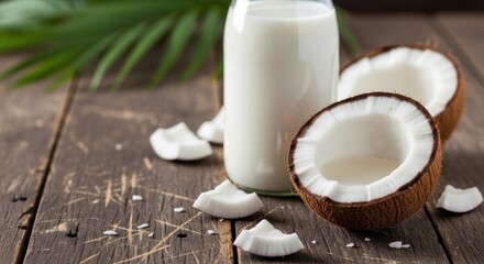 A clear glass bottle filled with white liquid sits on a weathered wooden surface next to fresh halved coconuts