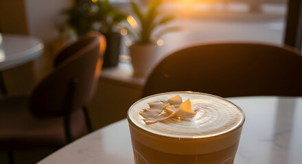 A delicious latte topped with coconut flakes on a cafe table at golden hour
