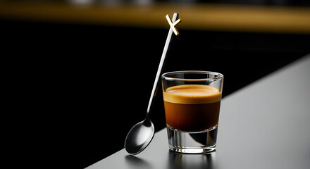 A perfect shot of espresso with a decorative spoon on a reflective surface minimal design