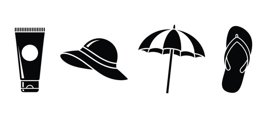 Fototapeta premium Summer Beach Vacation Icons Set Sunscreen Hat Umbrella Flip Flops