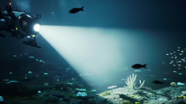 Underwater scene with submersible illuminated by a spotlight amidst fish