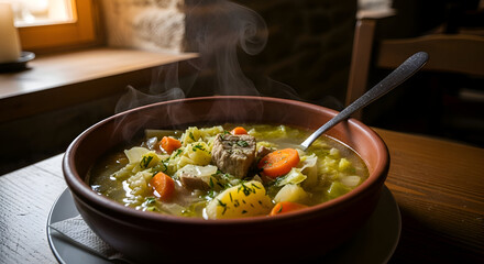 A steaming bowl of delicious homemade vegetable soup on a wooden table close up