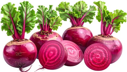 An appetizing display of fresh beetroot, some whole and others sliced, showcasing vibrant colors. The leaves are bright green