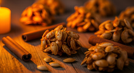 Close-up of appetizing pumpkin seeds snacks with cinnamon sticks and candle setup on wooden table